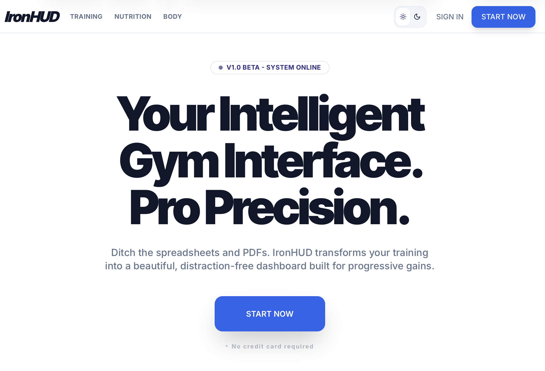 Tela inicial do IronHUD com seções de Training, Nutrition e Body